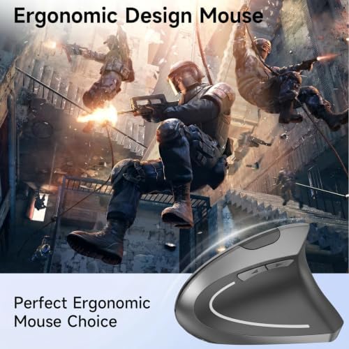 Ergonomic Vertical Wireless Mouse Stylish Rechargeable 2.4G Optical Mice Cordless Mouse with USB Receiver, 800/1200 /1600 DPI, 5 Buttons for Laptop,PC,Mac,Computer (Gray)
