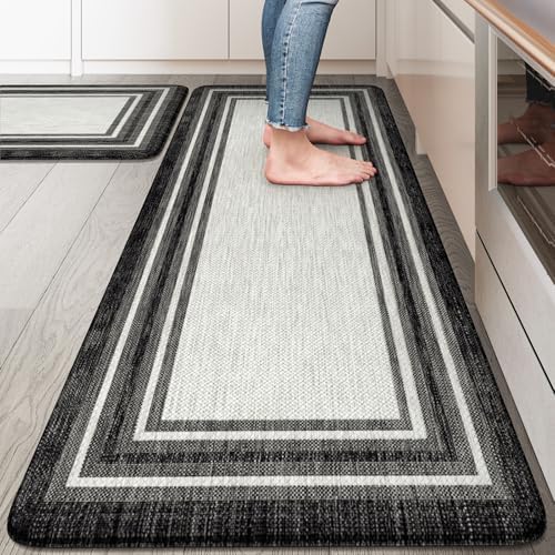 KIMODE Anti Fatigue Kitchen Mat for Floor,Black White Kitchen Rugs Set of 2