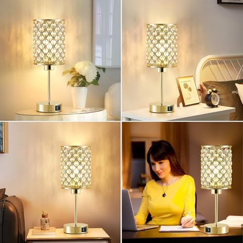 Crystal Table Lamp, Gold Touch Lamp with USB C+A Port, 3-Way Dimmable