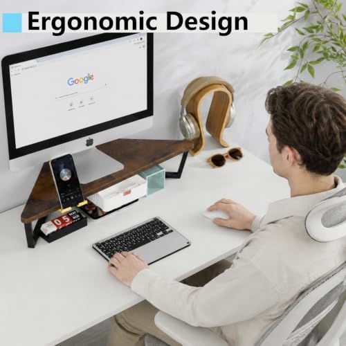 TEAMIX Corner Monitor Stand with Drawer and Phone Holder, 26x12.6x5.3in