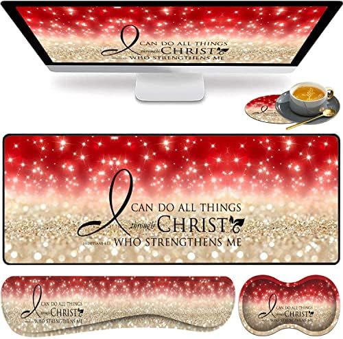 Large Gaming Mouse Pad, Keyboard Wrist Rest pad + Mouse Wrist pad + Coaster Set Extended Waterproof Non-Slip Table mat Suitable for Home Office Learning Games - Bible Verse Pink Philippians 4-13