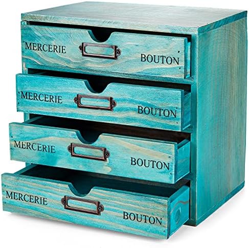 Turquoise 4-Tier Drawer Unit - Teal European Country Style Desk Organizer Box - 9.7x7x10 Wooden Stackable Drawers - Countertop Organizer Drawers w/Label Holder - 4-Level File Drawer Unit