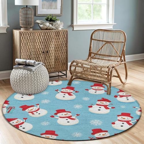 Women's Large Home Decor Mat, Soft Round Yoga Carpet, Non Slip Machine Washable Home Office Circle Rug Christmas Snowman