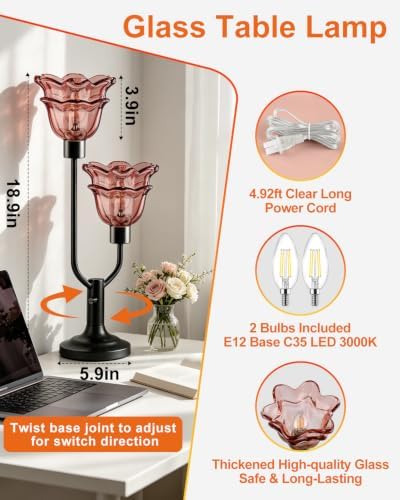Mid Century Modern Flower Table Lamp Dimmable Red Glass Lamp Gift