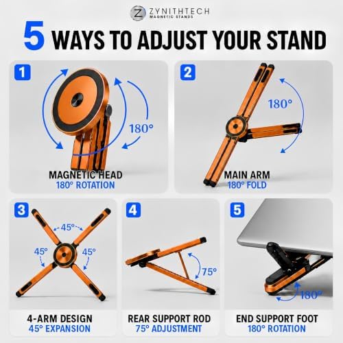 Upgraded Magnetic Laptop Stand for Desk, 4-in-1 Foldable Computer Stand, N52 Strong Magnetic Riser with Portable Holder for MacBook, iPad, Office & Travel (Orange)