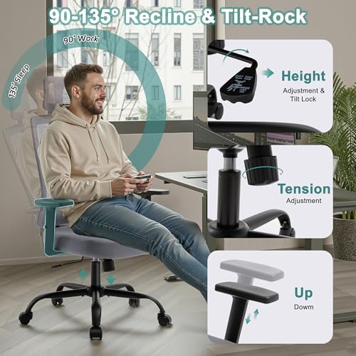 Ergonomic Office Chair, 330LBS Computer Chairs High Back with Adjustable Lumbar Support, Breathable Mesh Desk Chair Ergonomic with Thickened Cushion, Comfy Home Office Desk Chair, Gray