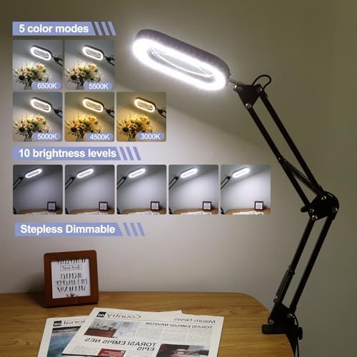 Drdefi 12X Square Magnifying Glass with Light and Stand, Real Glass LED Lighted Magnifier, 5 Color Modes Stepless Dimmable, Hands-Free Mag Desk Lamp with Clamp for Reading Craft Hobby Close Work Black