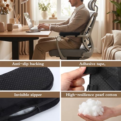 2 Pack Non-Slip Armrest Pads Ergonomic Thick Memory Foam Arm Pads for Office, Gaming Chairs (Black)