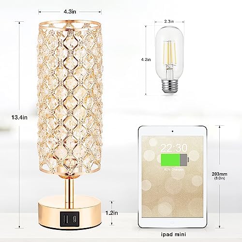 Hong-in Gold Crystal Touch Lamp for Bedroom with USB-C/A, Bulb Included