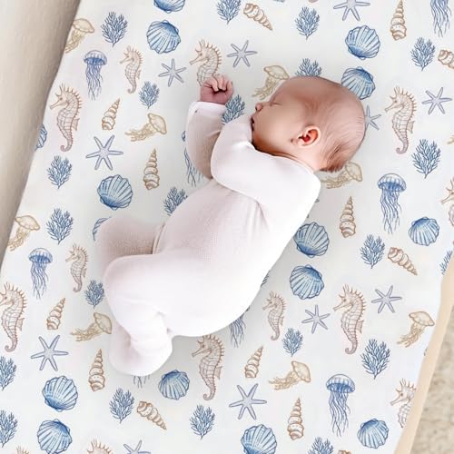 Sea Animals Seashells Seahorse Starfish Baby Changing Pad Cover, Unisex Ocean Beach Theme Nursery Diaper Changing Table Pad Mat Sheet for Boys Girls-16x32