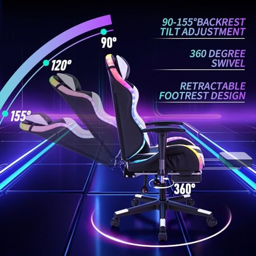 HOFFREE RGB Gaming Chair for Kids LED Computer Chair 155°Recliner-White