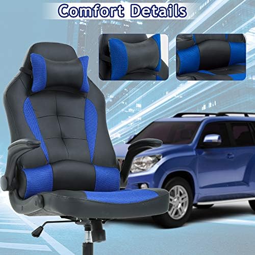 Blue Gaming Chair - Ergonomic High Back Office Desk Chair with Adjustable Lumbar Support, Flip-Up Arms & Headrest - PU Leather Computer Swivel Task Chair for Adults, Men & Women