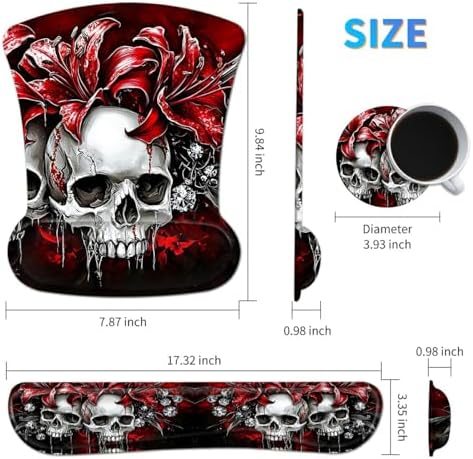 3Pcs Ergonomic Memory Foam Keyboard Wrist Rest Pad Set, Red Flower Skull