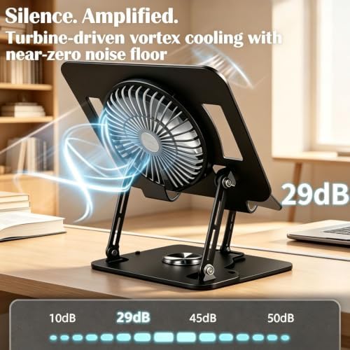 Laptop Stand for Desk with Quiet Cooling Fans - 360 Rotating Base Ergonomic Computer Stand, Aluminum Laptop Riser Foldable Protable for Office Home fits MacBook Air Pro, Dell, HP (10-17.3'') (black)