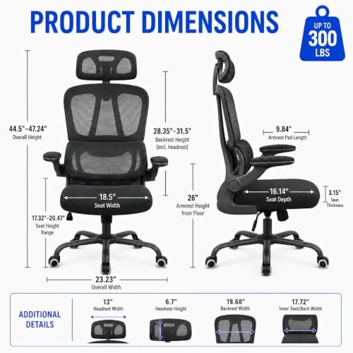 Ergonomic Mesh Office Chair, Headrest, Lumbar Support, Flip-up Arms
