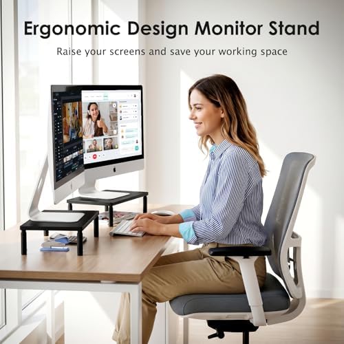 ECOLOVI Adjustable Wood Computer Monitor Stand Riser, Office Desk Organizer and Accessories for Monitor, Laptop, PC, Printer, Office Desk Accessories Workspace Organizer for Home Office Supplies, Black