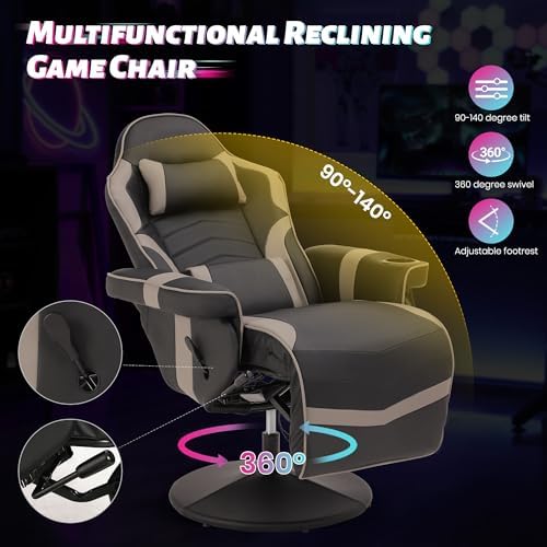 Game Reclining Chair with Adjustable Height, PU Gaming Chair with Massage, Long Footrest and Lumbar Support, High Back Swivel Computer Game Chair for Adult (Gray)