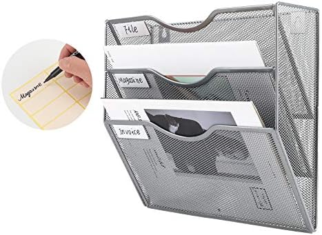 EasyPAG Hanging Wall File Organizer, 3 Pocket Wall Mounted Mail Organizer, Vertical Document Folder Holder with Nametag Label, Space Saving Paper Storage Magazine Rack for Office Home School, Silver