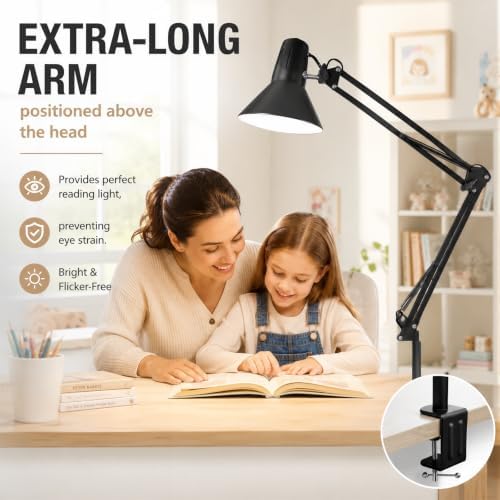 Black Dimmable Desk Lamp with Clamp, Extra-Tall Adjustable Swing Arm