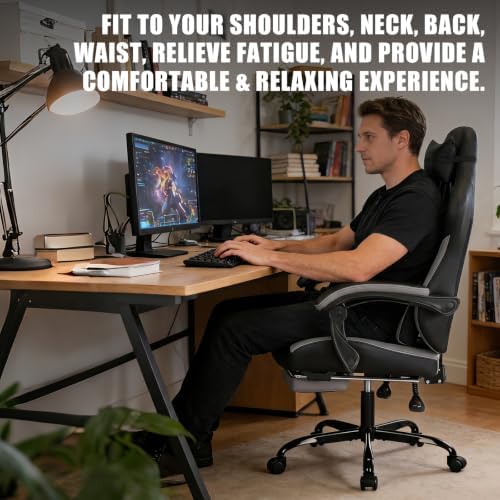 Gaming Chair with Footrest and Massage Lumbar Support, Ergonomic Computer Gamer Chair, Office Video Game Chairs with Adjustable Height and Backrest (BlackGrey)