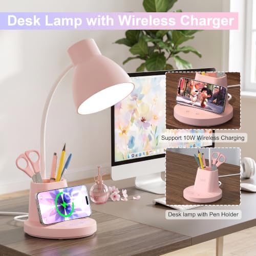 10W Wireless Charging LED Desk Lamp with Pen Holder, CRI 95, Pink