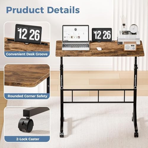 Simple Deluxe 31.5" Adjustable Height Mobile Desk with Locking Wheels & Pin-Lock – Height-Adjustable Standing Desk– Heavy-Duty Portable Workstation for Small Spaces & Home Office – Brown