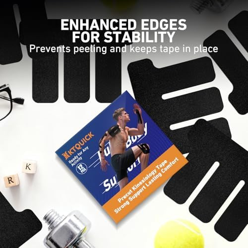 KTQUICK Precut Kinesiology Tape for Shoulders, 12 PCS, 20% Stronger, Black