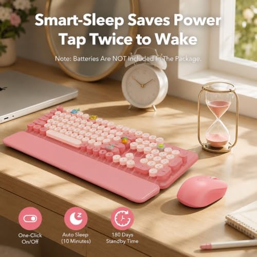 Wireless Keyboard and Mouse, Round Keycaps, Magnetic Wrist Rest, Baby Pink