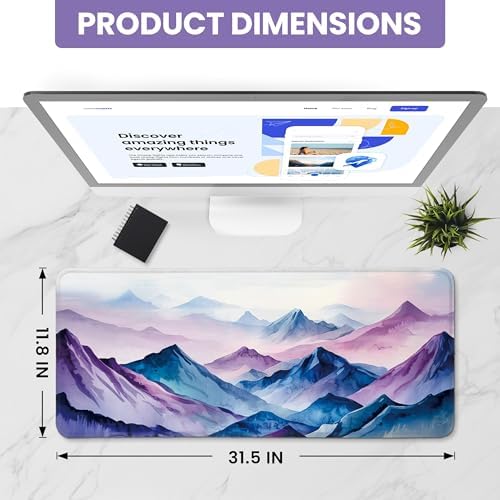 Aesthetic Desk Mat, Cute Distant Peaks Desk Pad Protector for Work & Decor, 31.5" x 11.8", Pretty Non-Slip Extended Mouse Pad for Office or Home
