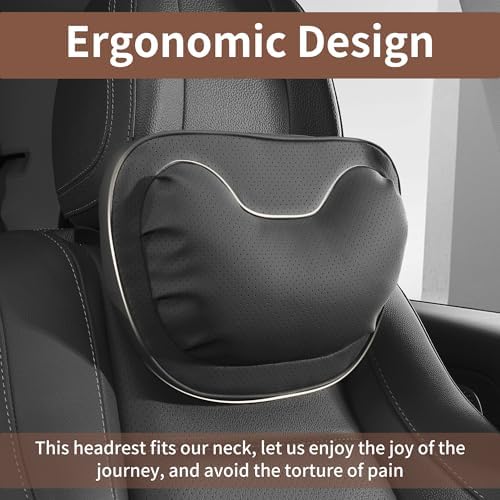 Car Neck Pillow [No More Pressure] Soft Comfortable Premium Leather Headrest with Adjustable Strap – Ergonomic Support for Driving, Office & Gaming, Black, 1 Pack