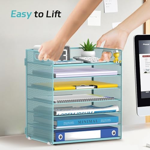 7 Tier Paper Organizer for Desk with Letter Trays & Handle Blue