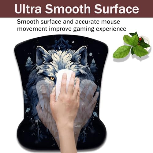 Keyboard Wrist Rest and Mouse Pad Wrist Support with Lace-Shaped Coaster Set, Ergonomic Gel Memory Foam and Anti-Slip Base, Easy Typing and Pain Relief - Night Moon Wolf