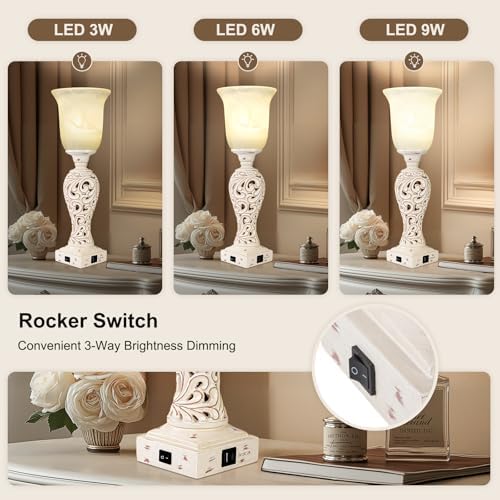 20" Bedside Lamp for Bedroom, 3-Way Dimmable Bulb Include, Washed White