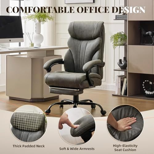 Big and Tall Office Chairs with Foot Rest,500LBS Wide Ergonomic Gaming Chair,100-135°Recline Executive Leather Computer Chairs with Adjustable Height,Gray