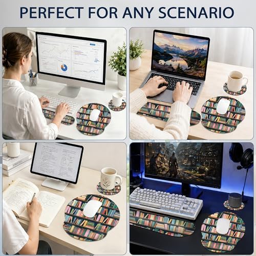 Bookshelf Ergonomic Keyboard and Mouse Wrist Rest Set, Library Book Mouse Pad with Non Slip Base, Soft Cloth Surface for Office and Home Typing Support