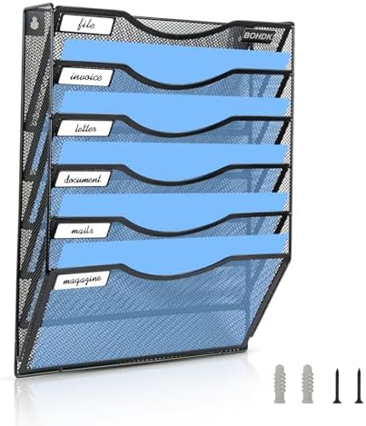 BOHDK Wall File Organizer, 6 Tier Hanging File Folder Mail Organizer, Vertical Mesh Metal Wall Mount Hanging File Holder, Paper Document Magazine Rack for Home Office Black