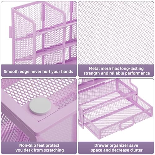 Marbrasse Larger Mesh Desk Organizer with Drawer, Multi-Functional Pen Pencil Holder, Easy Assembly, Desk Organizers and Accessories for Office Art Supplies (Purple)