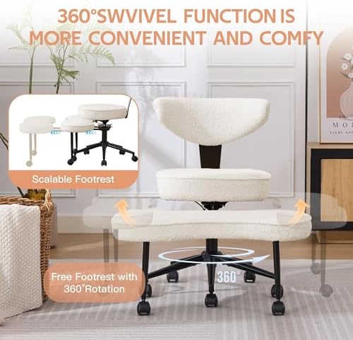 Ergonomic Cross Legged Chair, 360° Swivel Meditation Chair with Wheels - Adjustable Height for ADHD Desk & Yoga, Wide Criss Cross Chair for Home, Beige