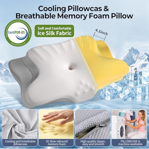 Ylekto Cervical Neck Pillow for Pain Relief - Contour Memory Foam Pillows for Sleeping, Ergonomic Pillow Side Sleeper Pillow for Neck Support, Bed Pillow for Side Back Stomach Sleepers(Grey)