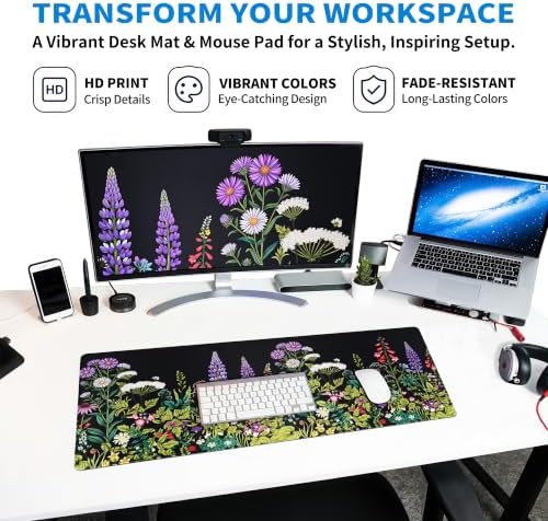 Extended Wildflower Meadow Desk Mat, XL Large Gaming Mouse Pad, Florals Weeds Stitched Edges Waterproof with Non-Slip Rubber Base for Computer Keyboard Laptop Work Home Office 31.5"x11.8"