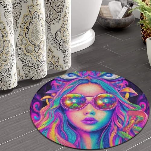 Machine Washable Modern Round Area Rug, Room Sofa Yoga Soft Round Carpet, Home Decor Non Slip Kitchen Office Circle Rug Trippy Goth Girl Mushroom Art, 60inch