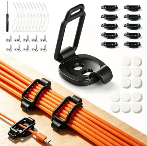 10-Pack Adjustable Elastic Loop Cord Clips with Screws, Pads & Cable Ties