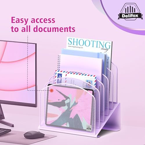 Delifox Inclined Desk File Organizer,Vertical File Folder Holder Stand Metal Rack File Sorter for Office Classroom Desktop Organization (1, Purple, 5)