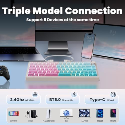 ZORNHER ST68 Wireless Ergonomic Split Mechanical Keyboard,65% Pink & Blue Custom Creamy TKL Keyboard with Knob,Lighted Up PBT Keycaps,Pre-lubed Linear Switches,Hot-Swappable,RGB Backlit