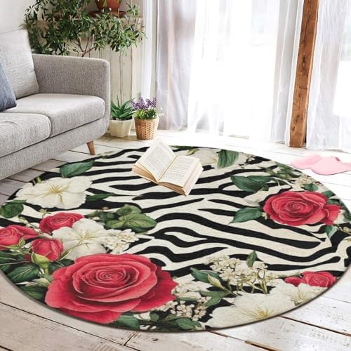 Large Round Area Rug Home Decor Modern Bathroom Rug Kitchen Office Circle Rug for Living Room Sofa Circle Cute Mat Cheetah Leopard Zebra Print Floral Black and White, 60inch