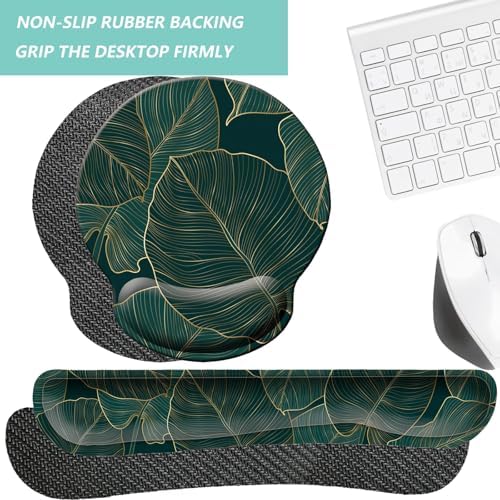 Keyboard Wrist Rest Pad Mouse Pad with Wrist Support Set of 3, Mousepad with Non-Slip Rubber Base, Ergonomic Memory Foam Mouse Wrist Cushion Support for Home Office Laptop Computer, Green Leaves