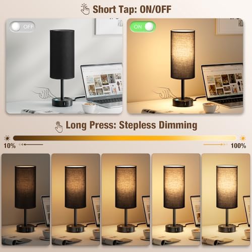 Black Touch Bedside Lamp for Bedroom, Stepless Dimmable, USB A+C, AC Outlet