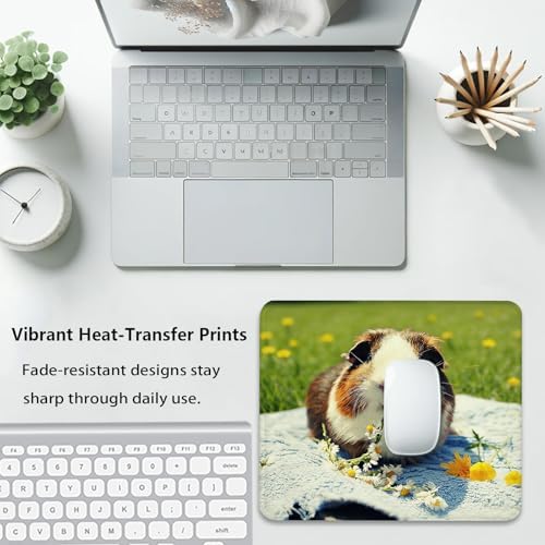 Cute Guinea Pig Eating Daisies Mouse Pad, Cavy with Flowers Grass Desk Mat