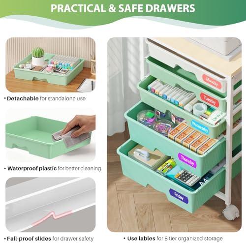Goovilla Rolling Cart with 5 Drawers for Craft, Art, Dorm, Office, Green