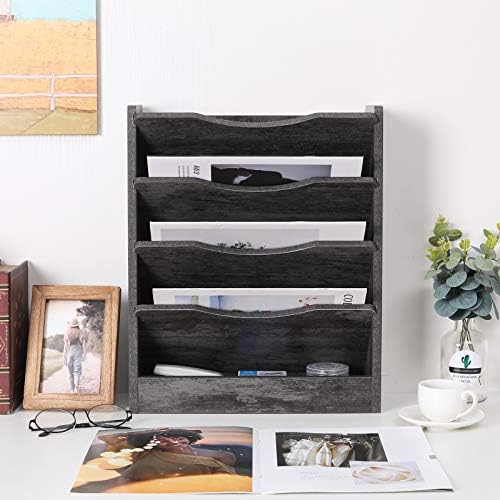 PAG-Mass 5-Tier Wall File Holder Hanging Mail Organizer Wood Magazine Literature Rack with 6 Hooks, Dark Gray